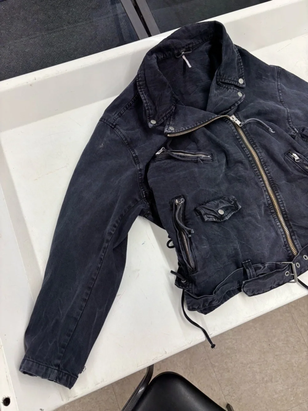 Free People Black Washed Denim Biker Jacket with Asymmetric Zip - Picture 2 of 6